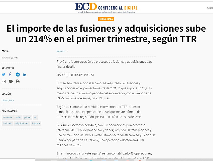 El importe de las fusiones y adquisiciones sube un 214% en el primer trimestre, segn TTR